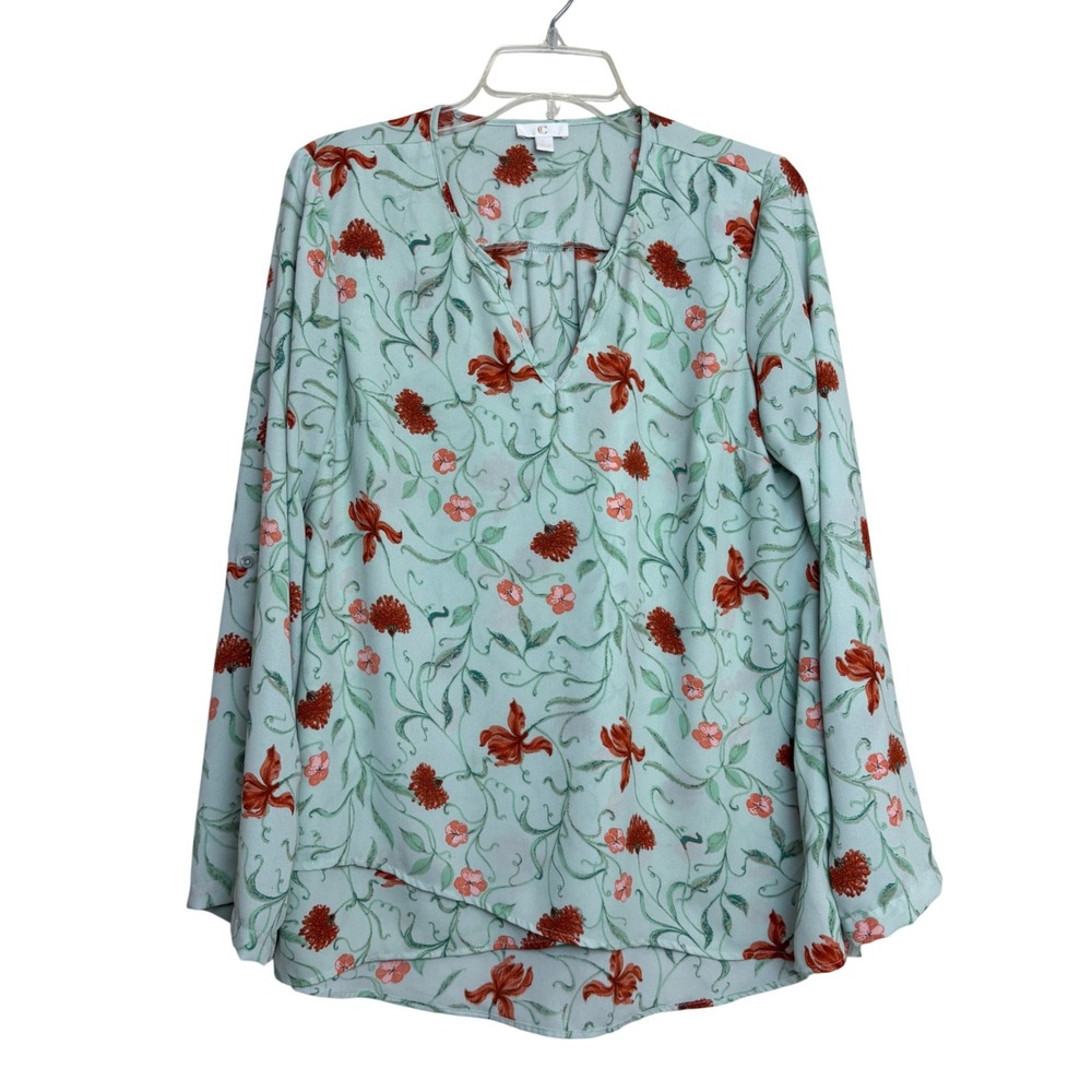 Boho Floral Tunic Blouse Womens Large Mint Green Red Long Sleeve Lightweight Top